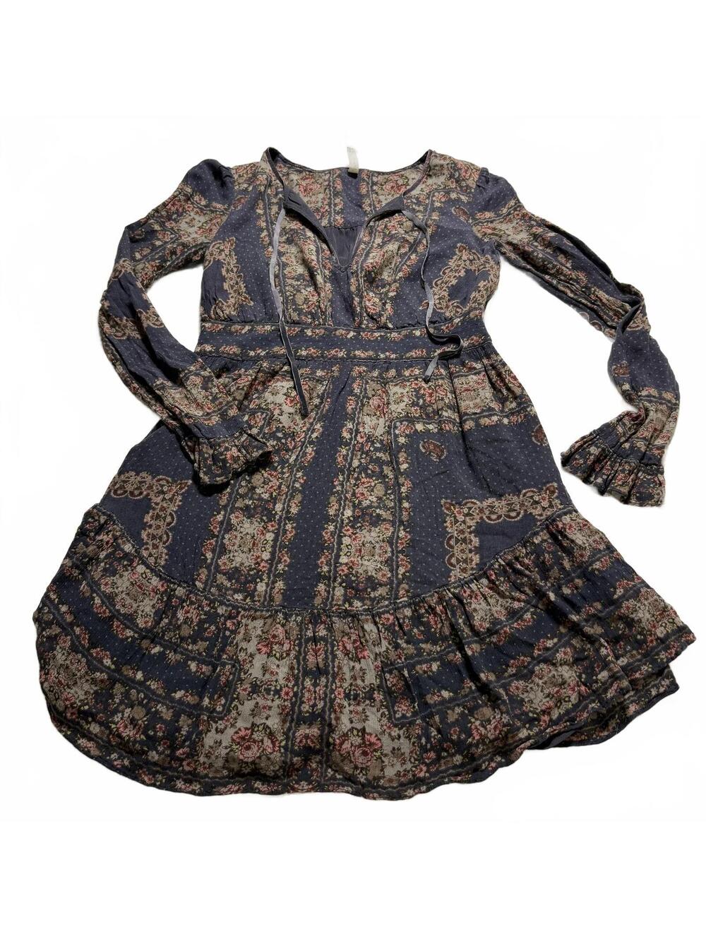 FREE PEOPLE Sz XS Boho Black/Brown Long Sleeve Prairie V Neck Tiered Dress